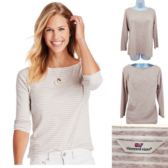 Vineyard Vines Boatneck Simple Tee in Oatmeal Heather Stripe - Picture 10 of 10